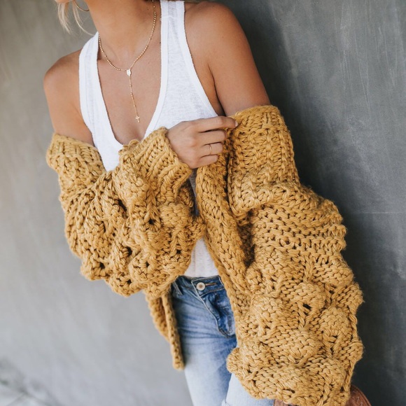 NEW! Mustard Pom Sleeve Loose Knit Fuzzy Cardigan - Picture 6 of 7